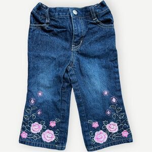 Faded Glory Baby Girl’s Kid’s Floral Embroidered Denim Blue Jeans. 18 Months.
